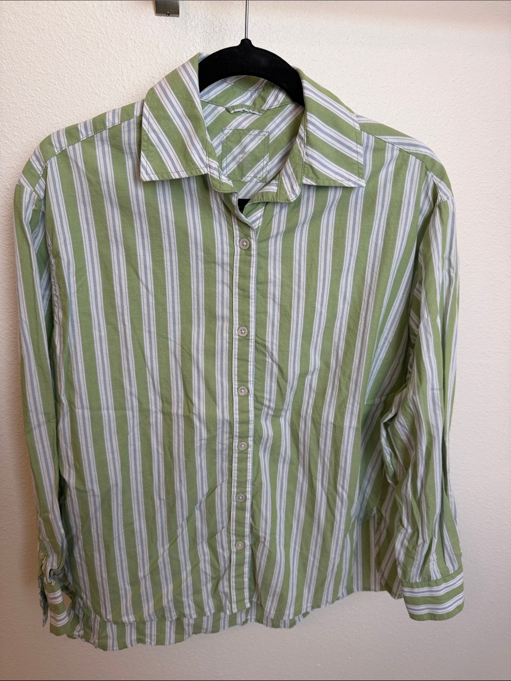 Women's Aerie Green and White Stripe Button-Up Shirt